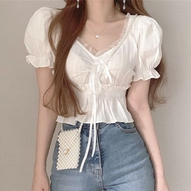 Plain Ruffled Peplum Puff-Sleeved V-Neck Cropped Blouse