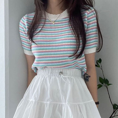 Striped Scallop-Trim Round-Neck Short-Sleeved Tee