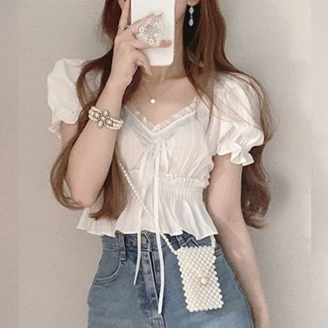 Plain Ruffled Peplum Puff-Sleeved V-Neck Cropped Blouse