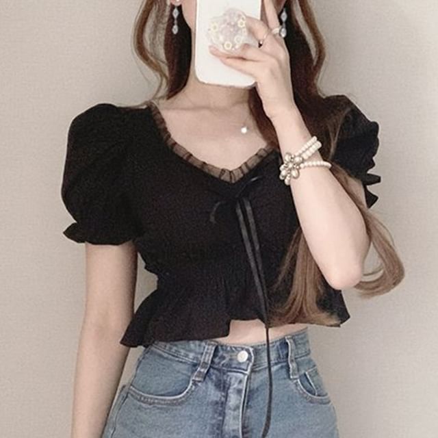 Plain Ruffled Peplum Puff-Sleeved V-Neck Cropped Blouse