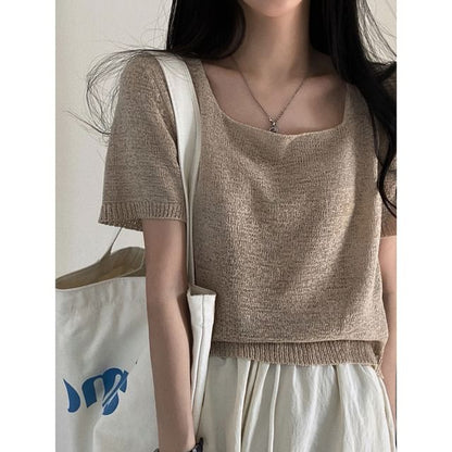 Plain Knitted Square-Neck Short-Sleeved Top