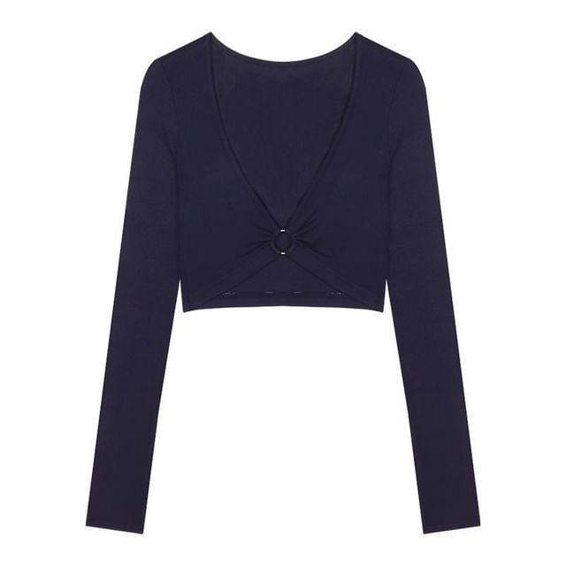 Slim Fit T-Shirt with V-Neck, Hoop Accent, Long Sleeved Crop