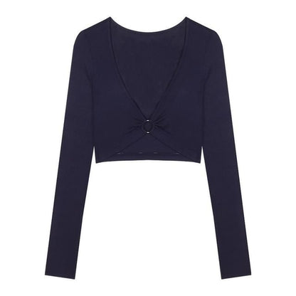 Slim Fit T-Shirt with V-Neck, Hoop Accent, Long Sleeved Crop