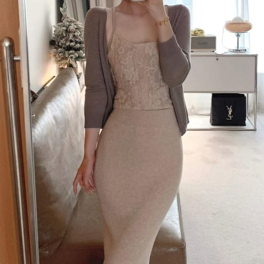 High-Waisted Pencil Skirt with Cardigan and Cami Top Set