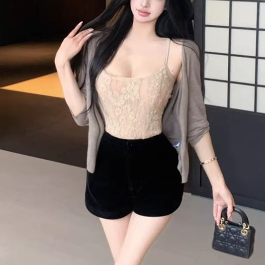 Cardigan, Crop Cami, and Shorts Set