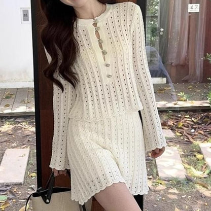 Pointelle Henley Round-Neck Sweater & High-Waisted Mini Skirt