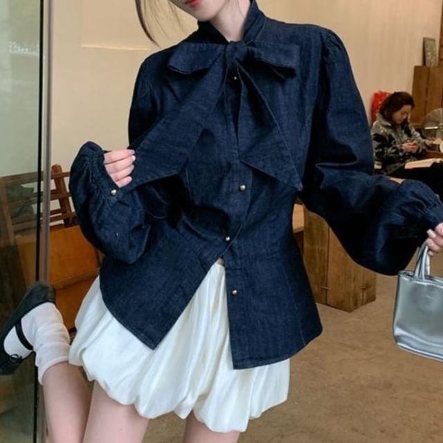 Bow-Neck Button-Up Long-Sleeved Blouse and Puff Mini A-Line Skirt Set