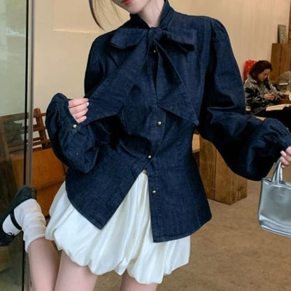 Bow-Neck Button-Up Long-Sleeved Blouse and Puff Mini A-Line Skirt Set