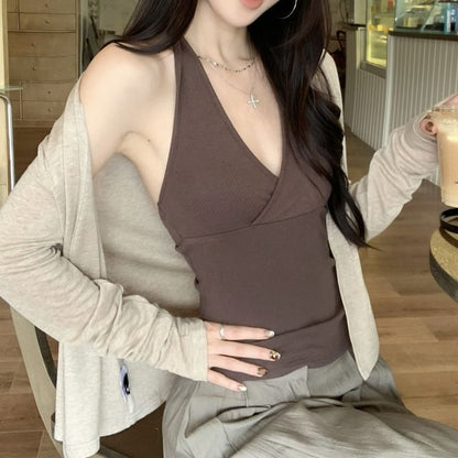 Plain Halter V-Neck Cami & Cardigan & Wide-Leg Pants Set