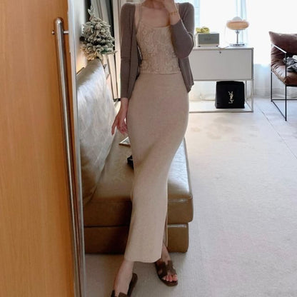 High-Waisted Pencil Skirt with Cardigan and Cami Top Set