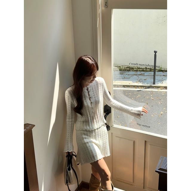 Pointelle Henley Round-Neck Sweater & High-Waisted Mini Skirt