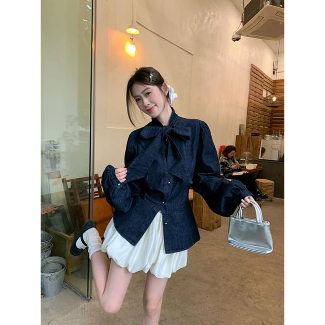 Bow-Neck Button-Up Long-Sleeved Blouse and Puff Mini A-Line Skirt Set