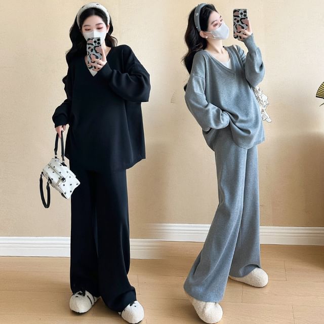Maternity Knitted Two-Piece Sweater & Wide-Leg Pants Set