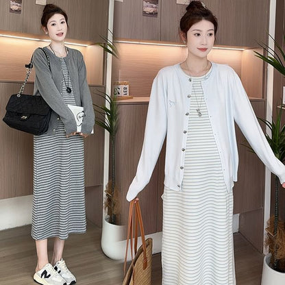 Maternity Round Neck Cardigan and Striped Tank Dress Set