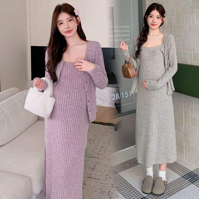 Maternity Spaghetti Strap Ribbed Midi Dress and Cardigan Set
