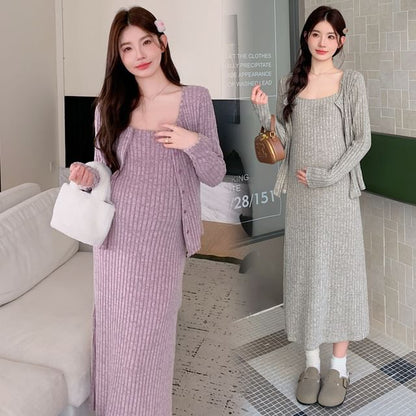 Maternity Spaghetti Strap Ribbed Midi Dress and Cardigan Set