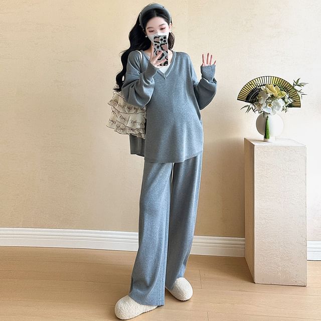 Maternity Knitted Two-Piece Sweater & Wide-Leg Pants Set