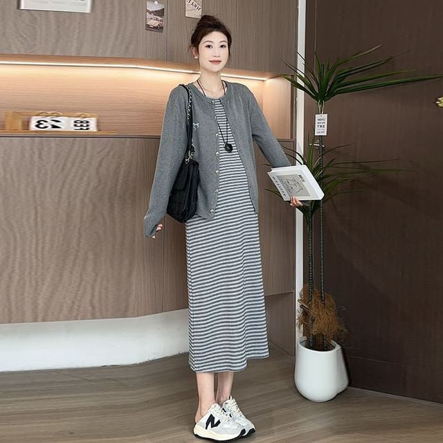 Maternity Round Neck Cardigan and Striped Tank Dress Set