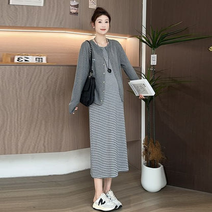 Maternity Round Neck Cardigan and Striped Tank Dress Set