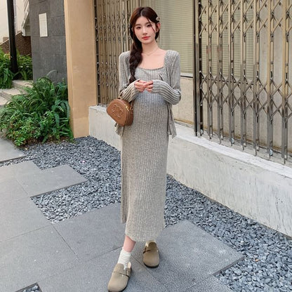 Maternity Spaghetti Strap Ribbed Midi Dress and Cardigan Set