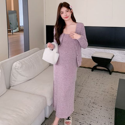 Maternity Spaghetti Strap Ribbed Midi Dress and Cardigan Set
