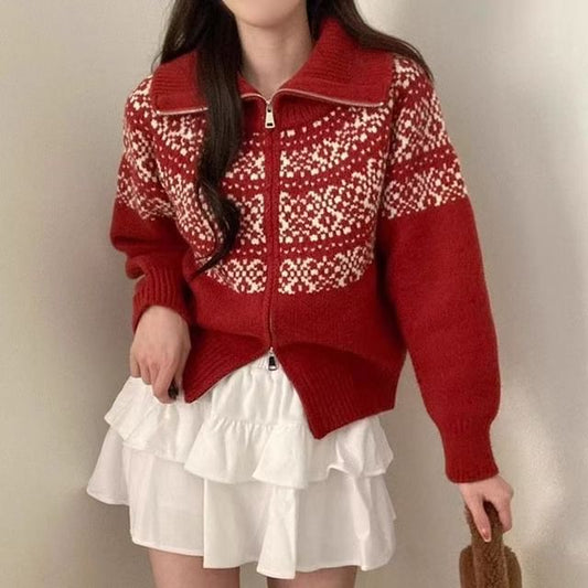 Stand Collar Jacquard Zip-Up Cardigan