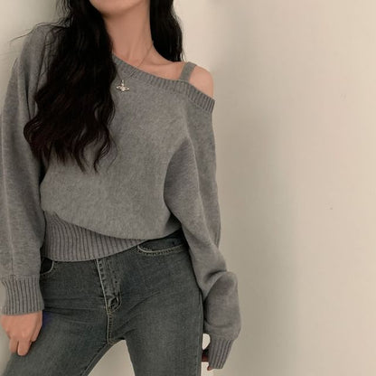 Plain Cold-Shoulder Cropped Sweater