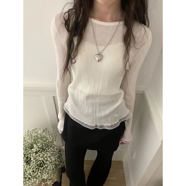 Lace-Trimmed Slim-Fit Crew-Neck Long-Sleeved Knit Top