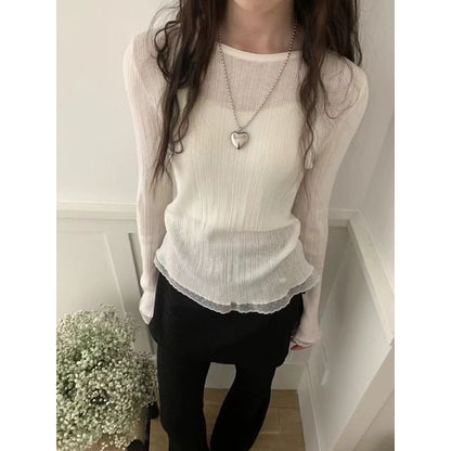 Lace-Trimmed Slim-Fit Crew-Neck Long-Sleeved Knit Top