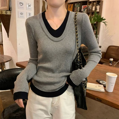 Two-Tone Knit Top with V-Neck, Long Sleeved, Mock Two-Piece Design