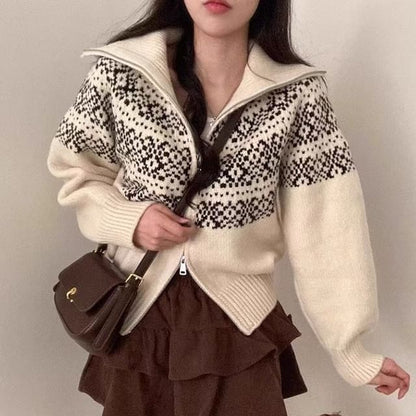 Stand Collar Jacquard Zip-Up Cardigan