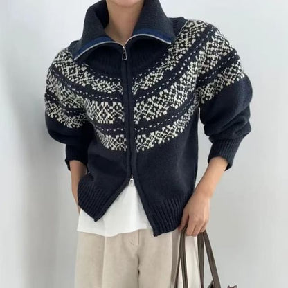 Stand Collar Jacquard Zip-Up Cardigan