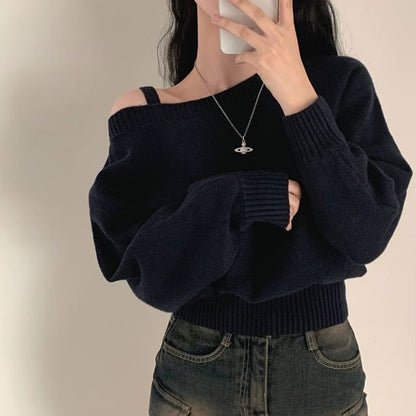 Plain Cold-Shoulder Cropped Sweater