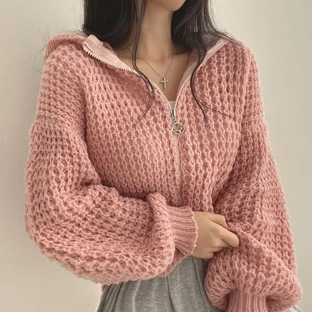 Plain Zip-Up Cropped Knit Hoodie