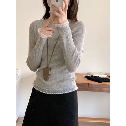 Lace-Trimmed Slim-Fit Crew-Neck Long-Sleeved Knit Top