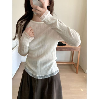 Lace-Trimmed Slim-Fit Crew-Neck Long-Sleeved Knit Top