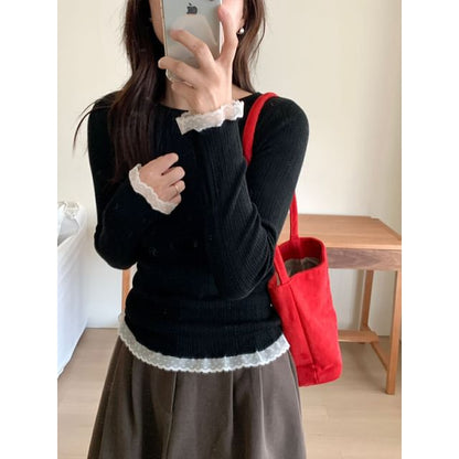 Lace-Trimmed Slim-Fit Crew-Neck Long-Sleeved Knit Top