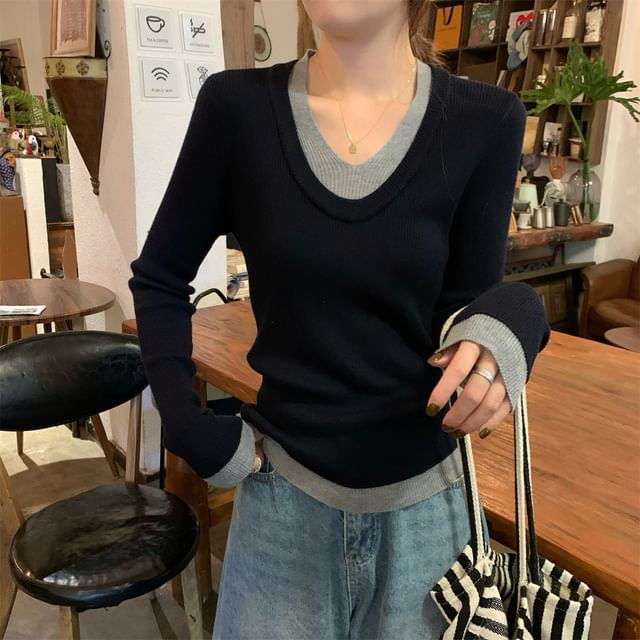 Two-Tone Knit Top with V-Neck, Long Sleeved, Mock Two-Piece Design