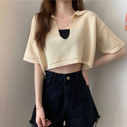 Cropped Knit Tee with V-Neck, Elbow Sleeved, Solid Color