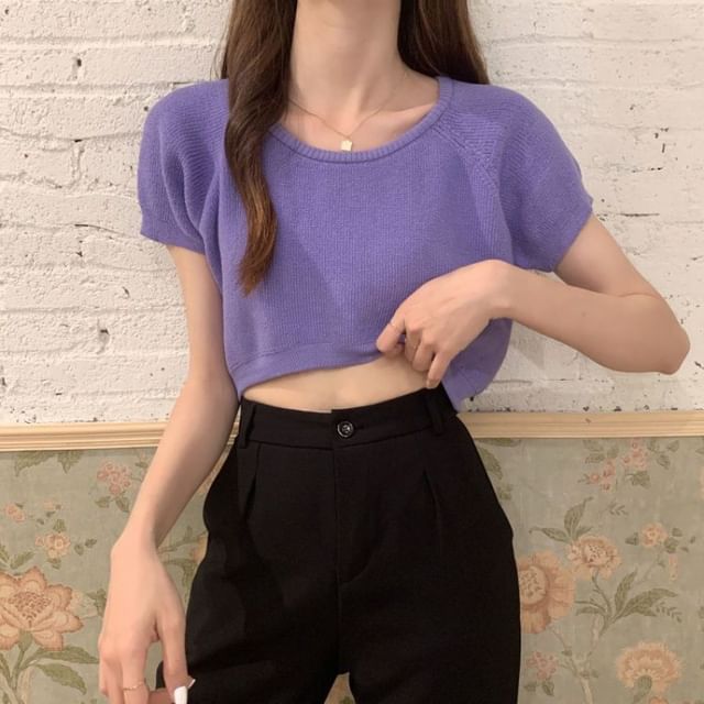 Mini Cropped Knit Top with Crew Neck, Short Sleeved, Solid