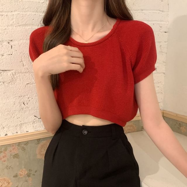 Mini Cropped Knit Top with Crew Neck, Short Sleeved, Solid