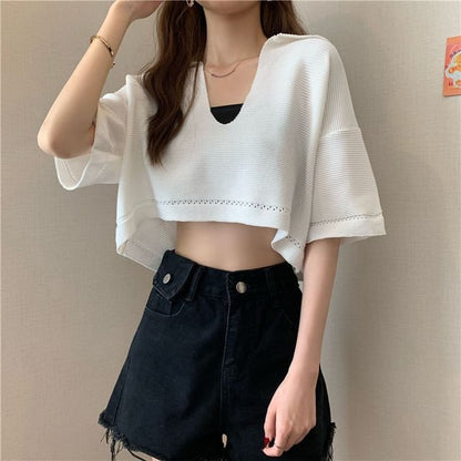 Cropped Knit Tee with V-Neck, Elbow Sleeved, Solid Color