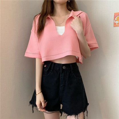 Cropped Knit Tee with V-Neck, Elbow Sleeved, Solid Color