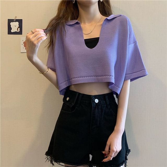 Cropped Knit Tee with V-Neck, Elbow Sleeved, Solid Color
