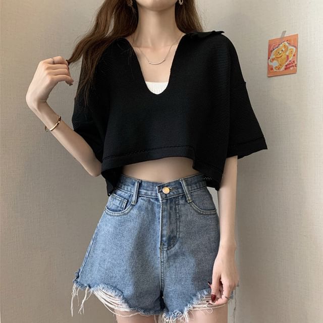Cropped Knit Tee with V-Neck, Elbow Sleeved, Solid Color