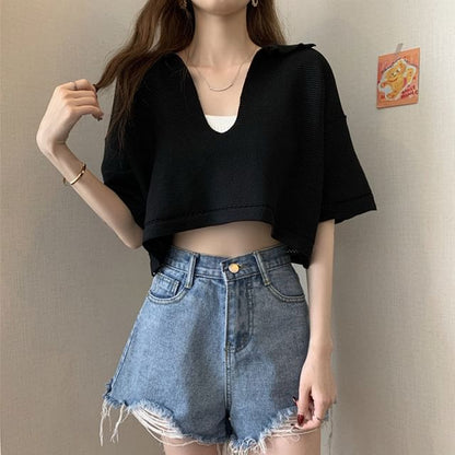 Cropped Knit Tee with V-Neck, Elbow Sleeved, Solid Color