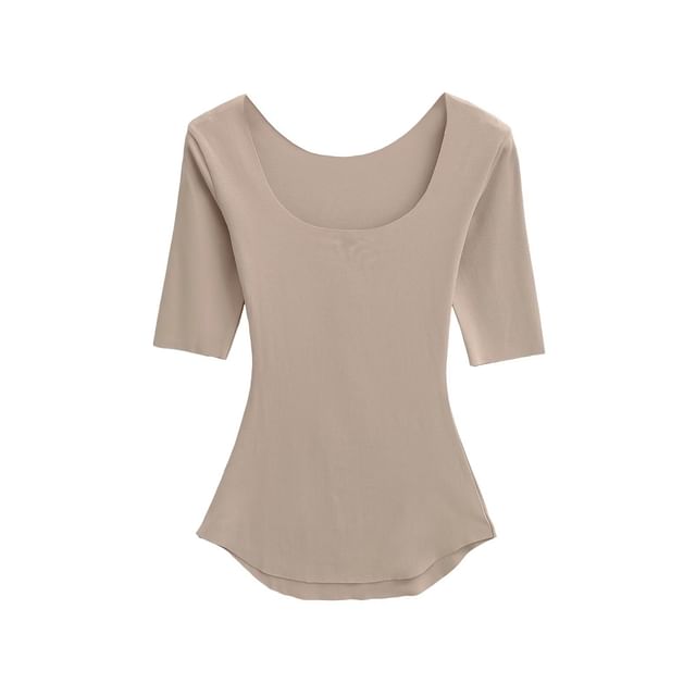 Solid Tee with Square Neckline, Elbow Sleeved, Relaxed Fit