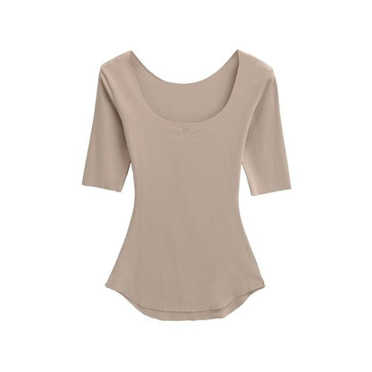 Solid Tee with Square Neckline, Elbow Sleeved, Relaxed Fit