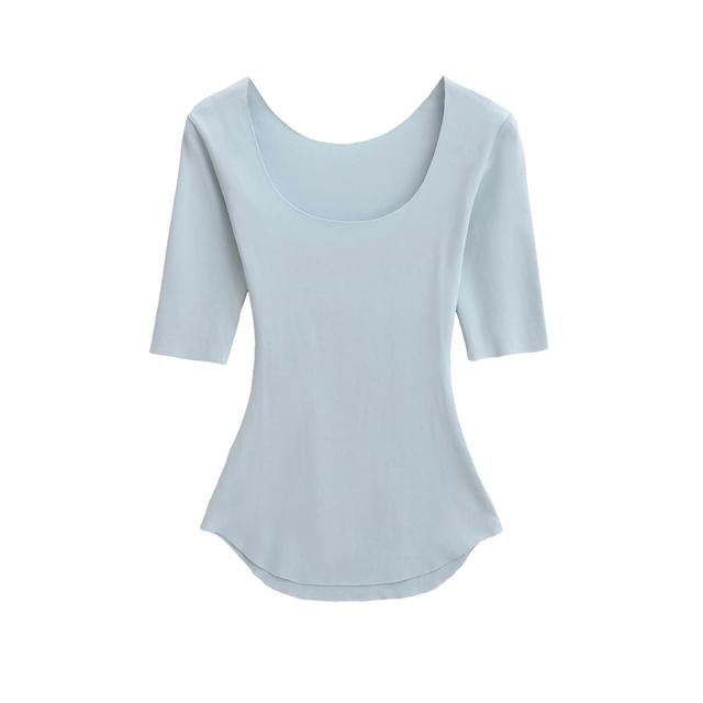 Solid Tee with Square Neckline, Elbow Sleeved, Relaxed Fit