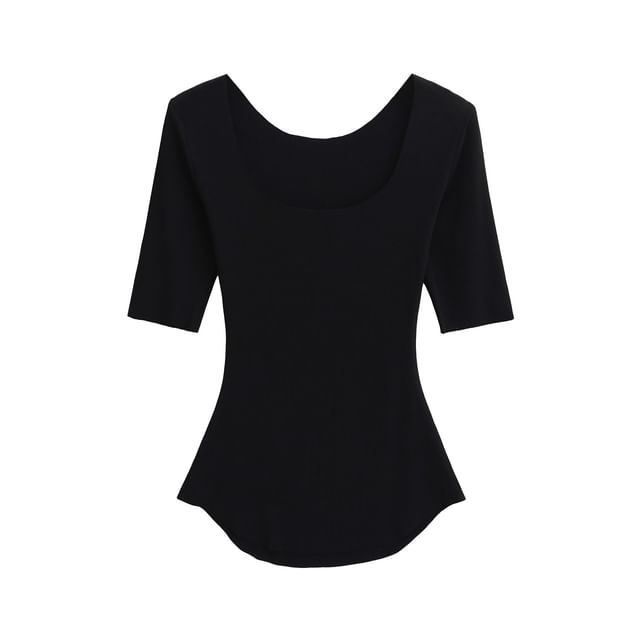 Solid Tee with Square Neckline, Elbow Sleeved, Relaxed Fit